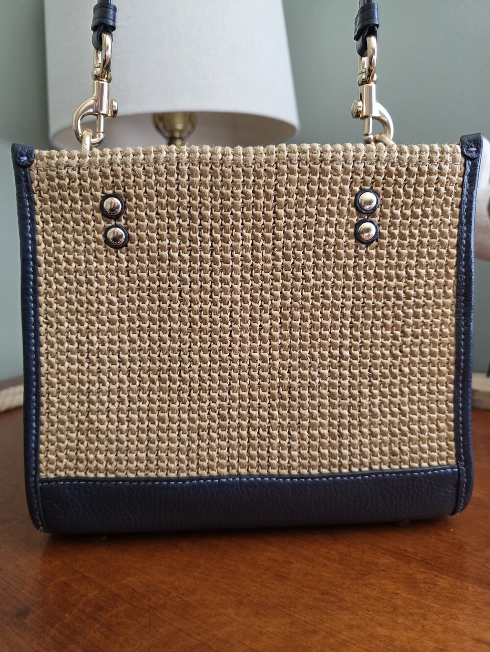 Coach CA291 Dempsey 22 Coach Patch Straw Navy Leather Crossbody Tote - Picture 4 of 16